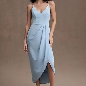 BHLDN Lyra V-Neck Faux-Wrap Crepe Midi Dress Blue Size 16 Anthropologie NWT